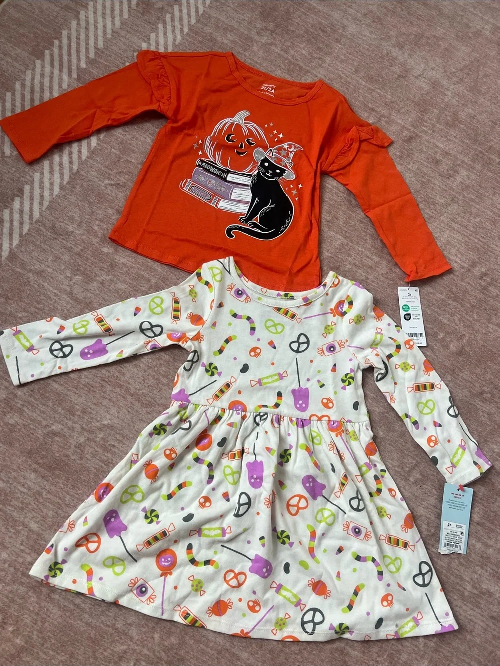 Carter's Orange Pumpkin & Cat Long-Sleeve Top with Cream Halloween Print Dress